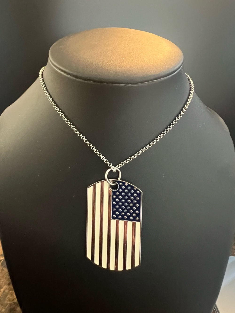 American Flag Dog Tag Necklace - Silver, Red & Blue NWT Unisex